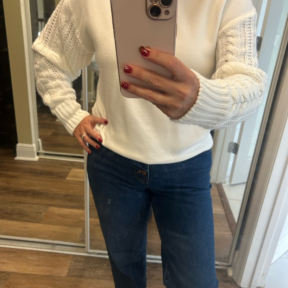 White Sweater with Textured Sleeves